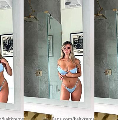 blonde sexy teen Kaitlyn Krems bathroom mirror tease