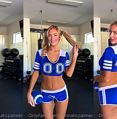blonde American babe Hannah Palmer teasing her football outfit