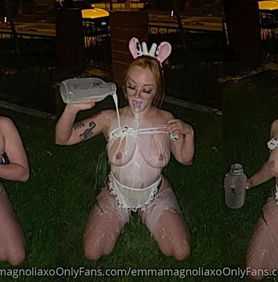 Emma Magnolia public milk pouring over her big milkers