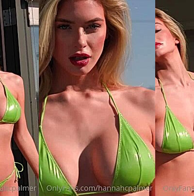 blonde babe Hannah Palmer showing off her big tits in green bikini