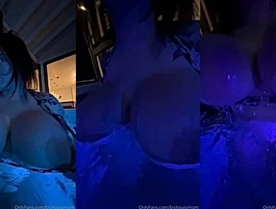 Bishoujomom teasing her big tits in her bikini in her outdoors bathtub