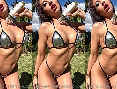 Melissa Stratton oiling up her hot bikini body under the sun
