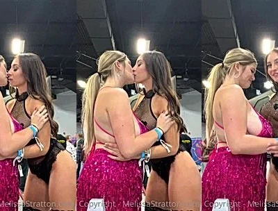 Melissa Stratton two thicc lesbian milfs kissing for the camera