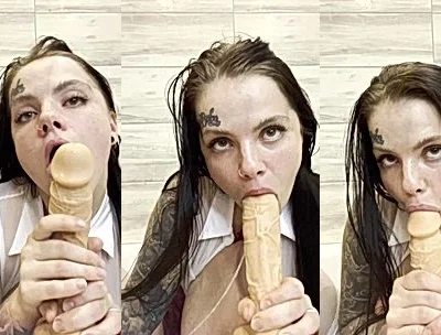 hot thicc babe Natalia Polyakova sucking and playing with a big dildo