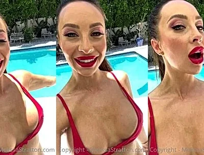 Melissa Stratton showing off her hot red bikini by the pool