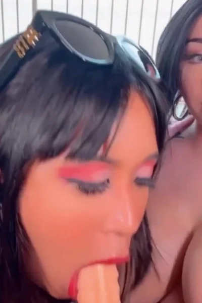 Bishoujomom two cosplay lesbian babes sucking on a dildo