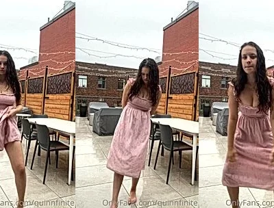 QuinnFinite teasing her naked body in pink see-through dress