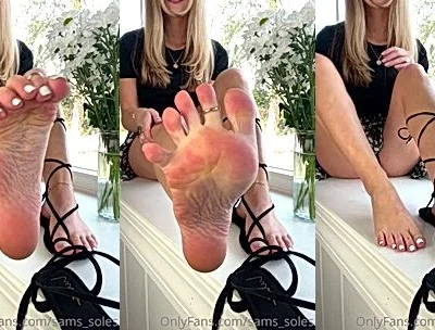Sams soles21 teasing her naked feet in slippers outdoors
