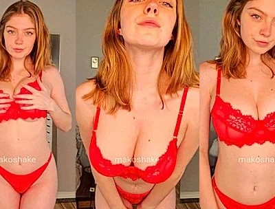 Carmen Rae teasing her naked big tits wearing red laced lingerie