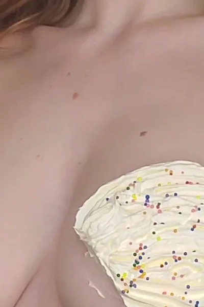 Carmen Rae teasing her naked big tits covered with whipped cream